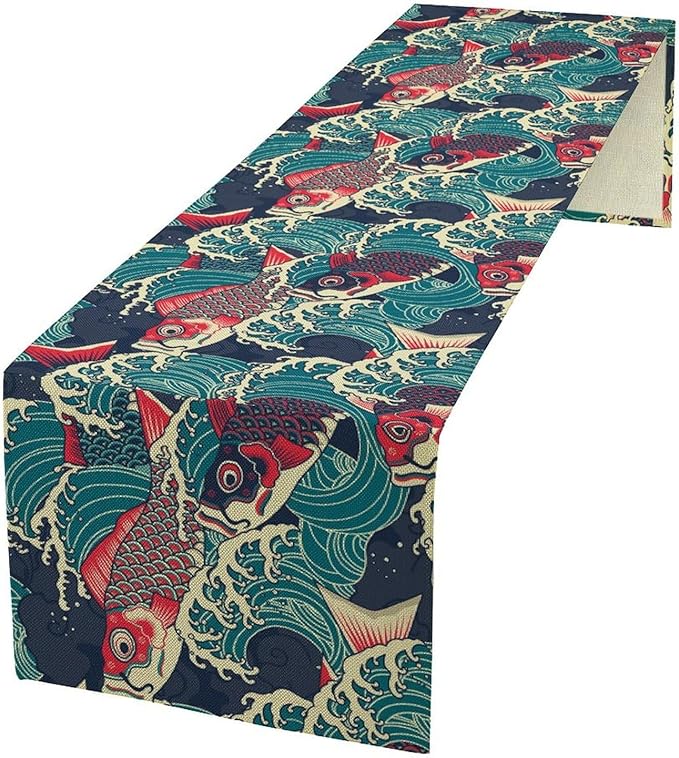 Kio Fish Table Runner Waves Japanese Tradition Art Printed Burlap Runner Home Kitchen Dining Table Living Room Decor Fabric 1 Panel W13xL108in