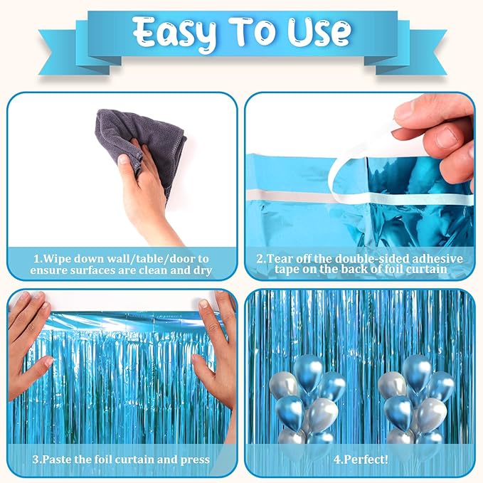 2 Pack Retro Blue Foil Fringe Backdrop Curtains, Tinsel Streamers Party Decorations, Fringe Backdrop, Door Shimmer for Retro Theme Party