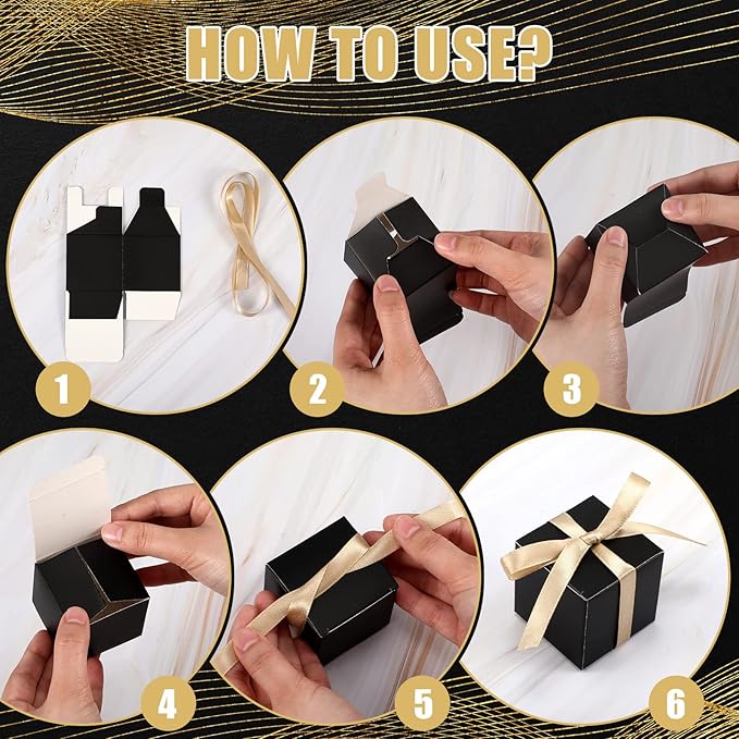 Jutom 100 Pcs Mini Favor Boxes Extra Small Candy Boxes Paper with Gold Ribbon for Christmas Thanksgiving Day Birthday Wedding Anniversary Supplies(2 x 2 x 2 Inch,Black)
