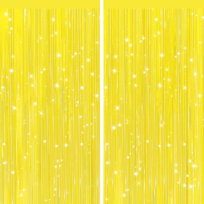 GCB 2Pack Macaron Yellow Metallic Tinsel Foil Fringe Curtains, Door Streamers Photo Booth Backdrop for Birthday Party, Tinsel Curtain Backdrop for Baby Shower Bachelorette Christmas Party Decorations
