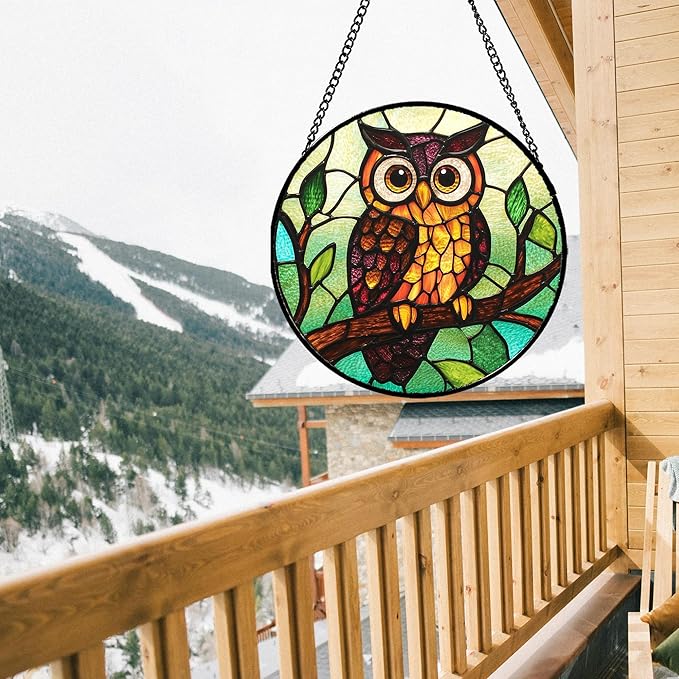 Stained Glass Window Hanging - Owl on a Branch Suncatcher for Doors Window Home Orange Brown Sun Catchers Decor Christmas Mother's Day Birthday Gifts for Teacher Women Men Mom Nana 11.8 in