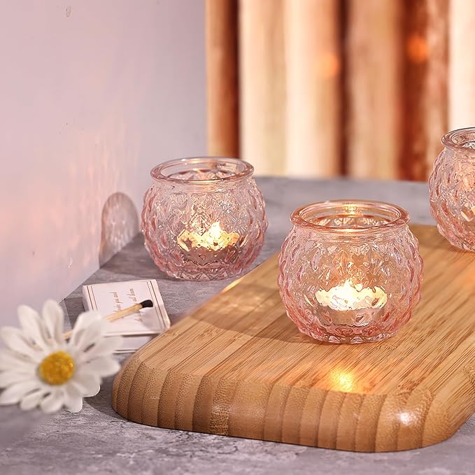 DARJEN 48Pcs Pink Votive Candle Holders- Round Candle Holders Bulk for Flameless LED Tea Waxes, Romantic Candle Holder for Wedding & Home Table Decor, Various Parties