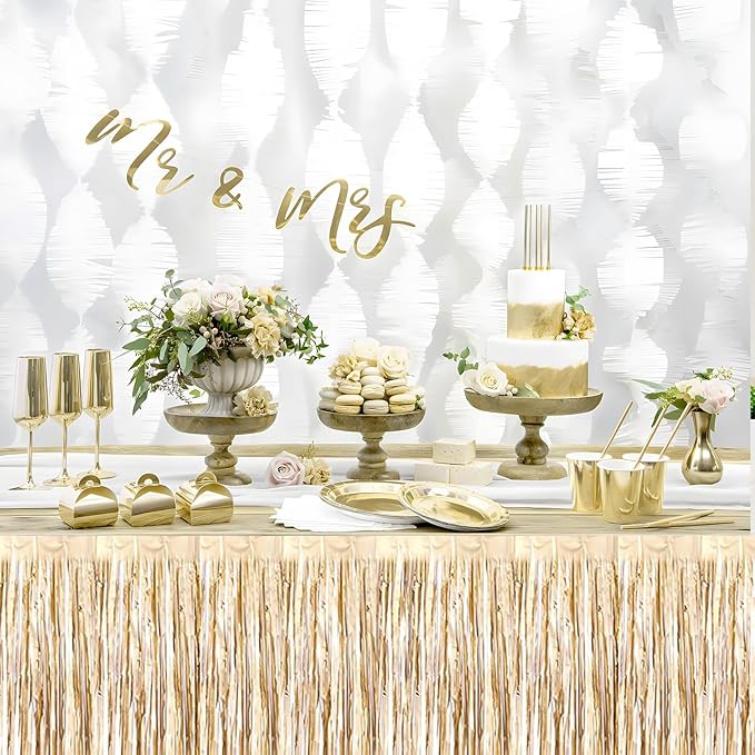 3 Pack 29x108 Inch Champagne Gold Foil Fringe Table Skirts Metallic Banner for Tinsel Streamer Garland Backdrop for Parade Floats Wedding Thanksgiving Birthday Christmas Halloween Party Decoration