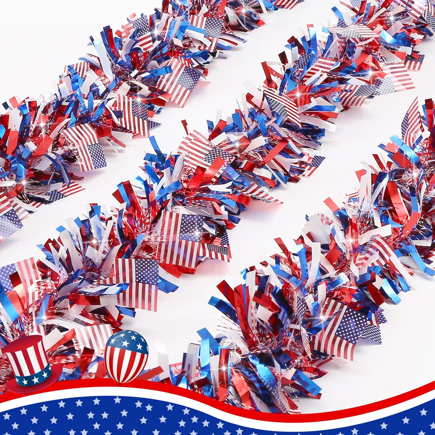 50 FT 4th of July Tinsel Garland Decorations, USA Flag Garlands Patriotic Decor for Memorial Day Independence Day 4th of July Indoor Outdoor Home Porch Red White and Blue Decor Supplies
