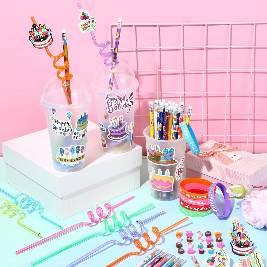 Baderke 24 Sets Birthday Gifts Party Favors Set Include Reusable Cups with Dome Lids Straw Decoration Pencil Heart Eraser Silicone Bracelet Stickers (Birthday A)