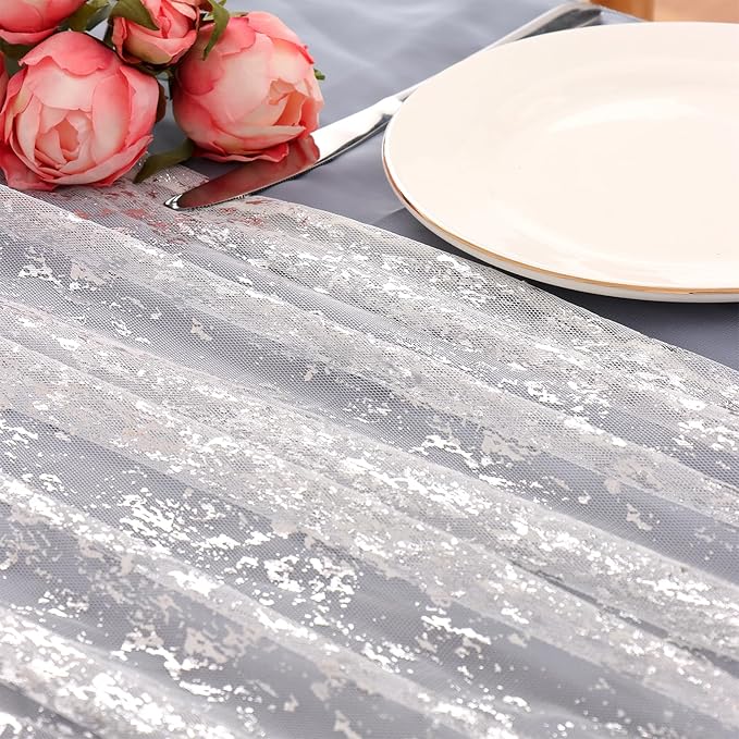 LOMOHOO 10 Ft Silver Table Runner, Silver Sheer Sequin Table Runners 120 Inches Long Glitter Metallic Foil Lace Fabric Table Decor for Birthday Party Wedding Anniversary Centerpiece (2pcs)