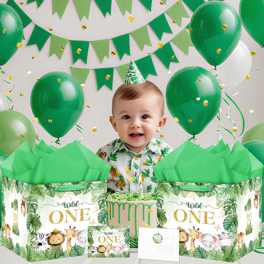 Extra Large Wild One Gift Bag Square Jumbo Wild Animal 1st Birthday Bag for Baby Boys with Wrapping Paper Card Sticker Envelope Jungle First Birthday Safari One Year Old Party Favors Decorations