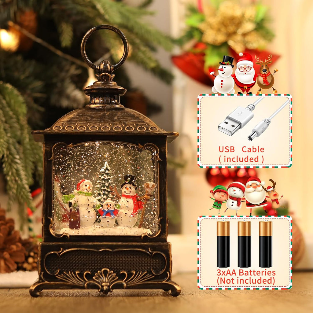 Christmas Snow Globe with Snowman, Glittering Lighted Battery Operated & USB Powered, Snowman Family Snow Globe Lantern for Christmas Home Decoration and Gift