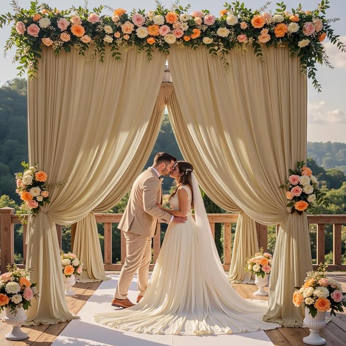 40×12 ft Wrinkle Free Beige Backdrop Curtain for Weddings Parties, 8 Panels 12ft Silky Polyester Wedding Drapes Backdrop Photo Back Drop Cloth for Birthday Baby Shower Photography Backgrounds