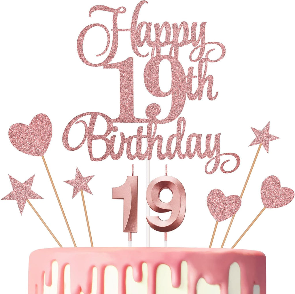19th Birthday Cake Decorations, 19th Birthday Candles Cake Numeral Candles and Glitter Happy 19th Birthday Cake Toppers Set for Birthday Party Supplies (Rose Gold)