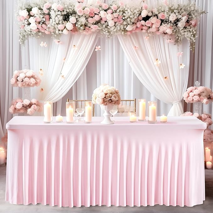 2 Pack Pink Spandex Table Clothes for 8 Foot Rectangle Tables, 8FT Wrinkle Free Fitted Tablecloths Ruffles Design Table Cover for Party, Banquet, Wedding and Events