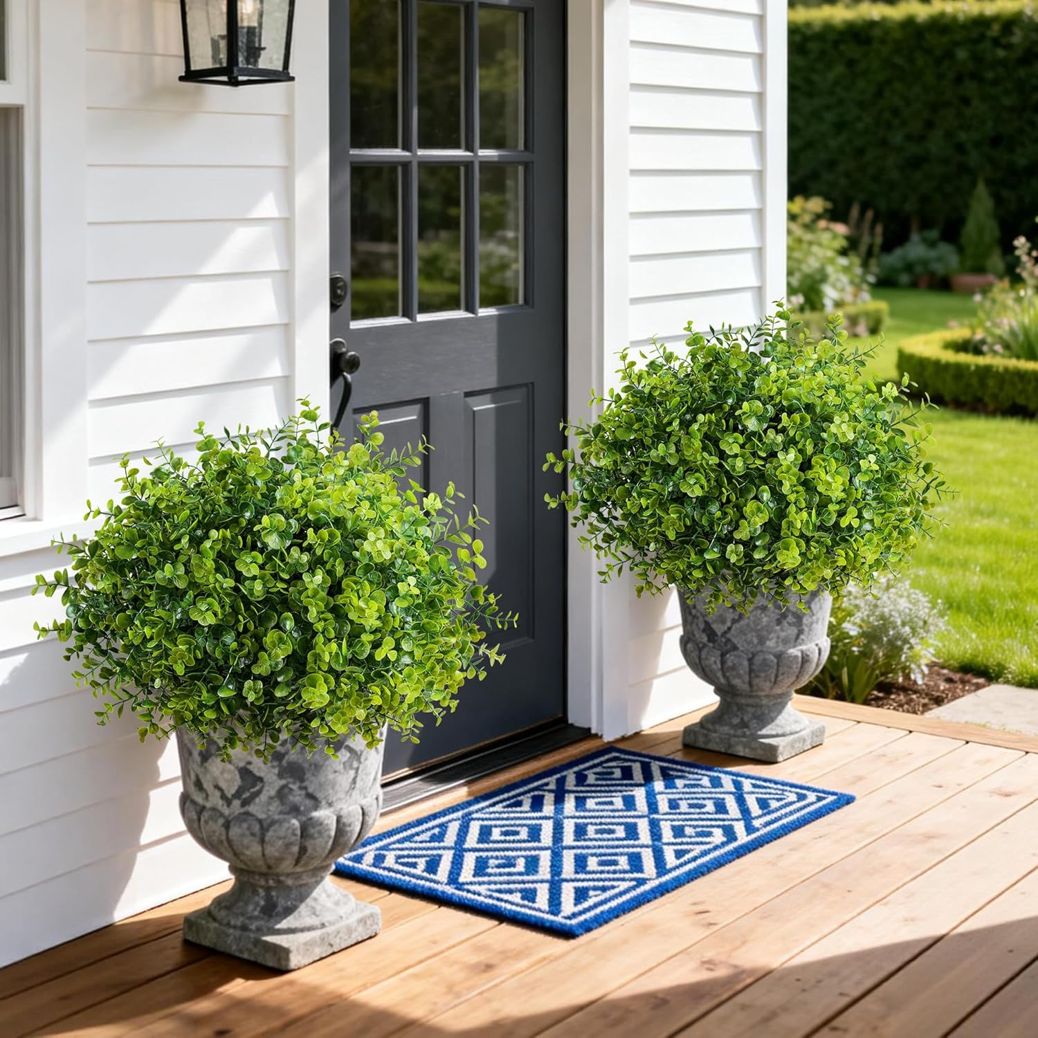 Artificial Faux Outdoor Plants for Spring Summer Decoration, 12 Bundles Fake Plastic Eucalyptus UV Resistant Look Real Fake Plants for Planter Outside Front Door Porch Patio Balcony Garden Indoor Yard
