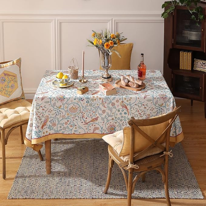 patdrea Designer Small French Rectangular Tablecloth,Vintage Yellow Floral Birds Pattern Linen Colorful Table Cloth,Decor Cover for Kitchen Dining Banquet,Christmas,Thanksgiving,55"x71"-Magnolia