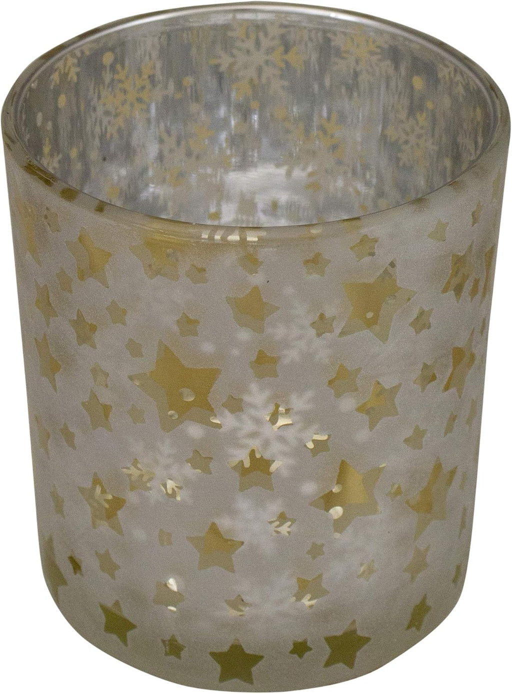 Frosted Stars and Snowflakes Glass Christmas Candle Holder - 3" - Matte Silver and Gold