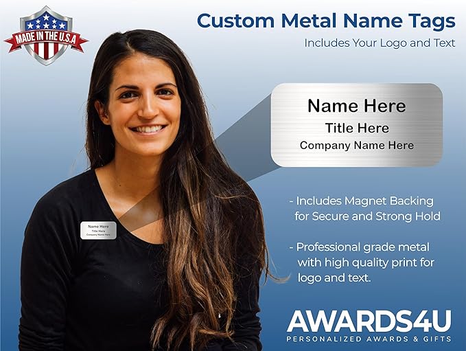 Awards4U Custom Name Tag - Personalized Metal Name Badge with Magnet Backing - Silver, 3"x1.5" - No Logo