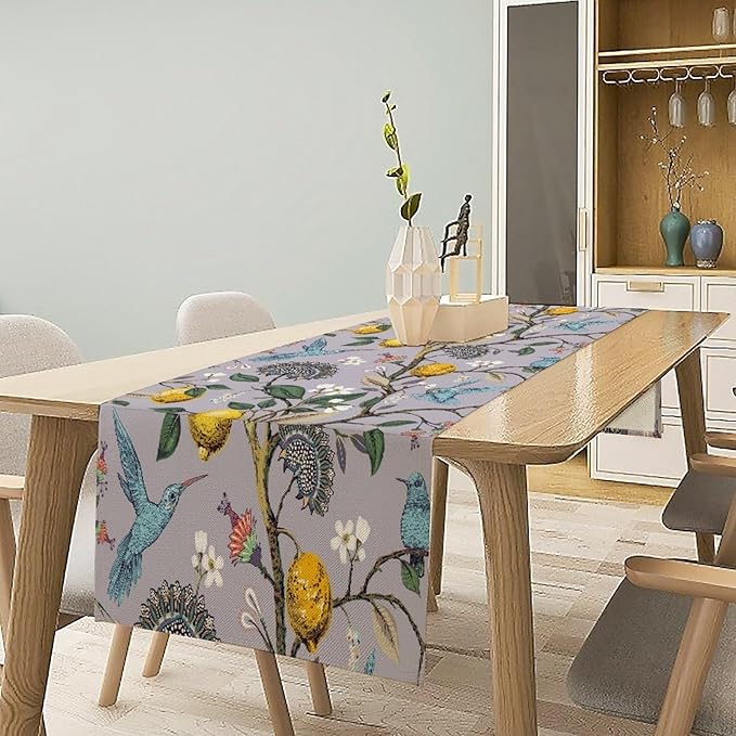 Table Runner with Flowers and Birds, Spring Plant Flowers Table Decoration Linen Table Runner Family Party Party Decorations 13x36 Inches