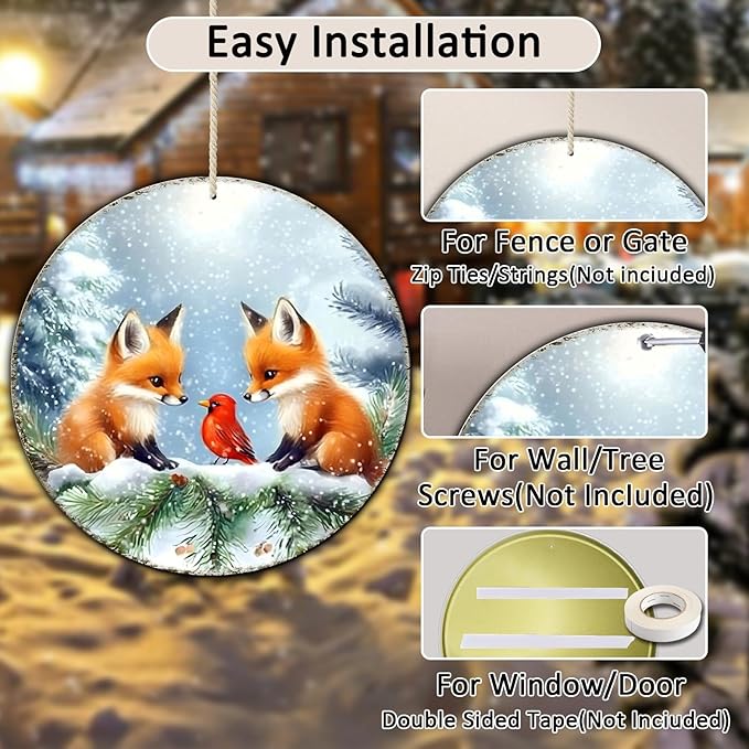 Christmas Round Fox Metal Tin Sign - Red Bird Winter Vintage Sign for Home & Outdoor Decorations - 12 * 12 in