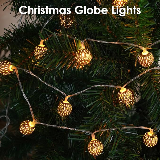 LORRYTE Moroccan String Lights Outdoor Battery Operated, 60 LED 36 FT Globe Fairy Lights with 8 Lighting Modes, String Lights for Bedroom Party Wedding Garden Christmas Decor (Warm White)