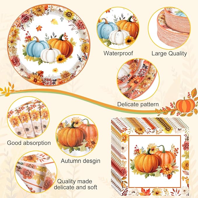 452 Pcs Fall Party Decorations Thanksgiving Party Supplies Fall Maple Leaves Pumpkins Paper Plates Napkins Cups Tablecloth Cutlery Straws for Autumn Thanksgiving Harvest Birthday Holiday