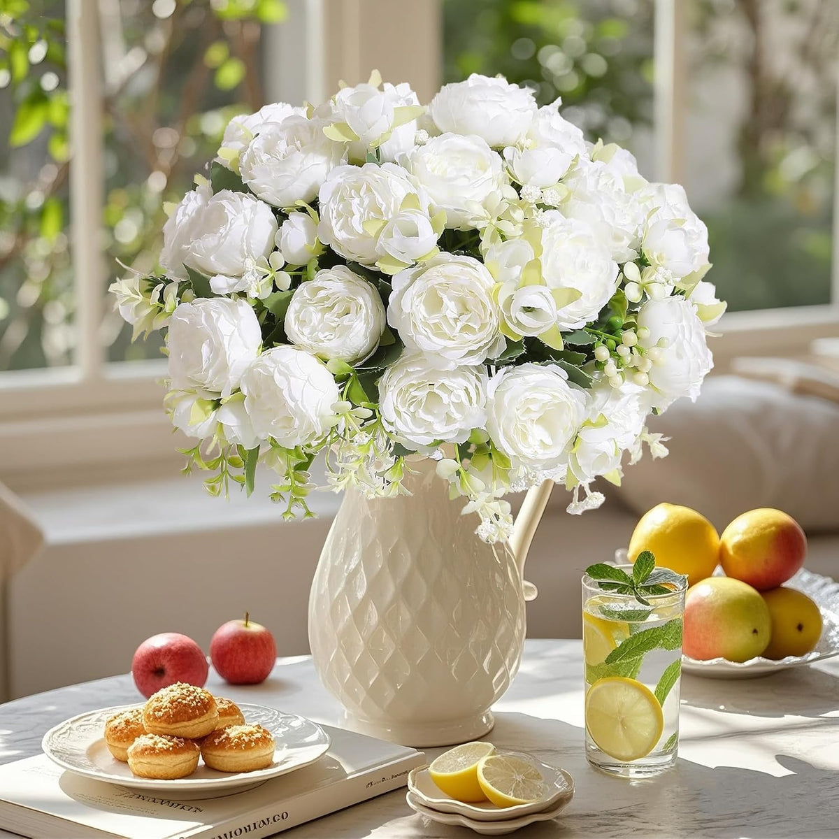 peonies artificial flowers 12 bouquets,white flowers lifelike silk showing dimensions