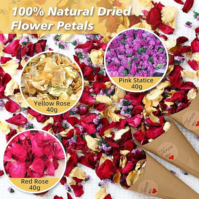 20+ Cups Real Dried Flower Petals, Biodegradable Wedding Flower Confetti, Mix Rose Petals and Purple Static Flowers for Engagement, Valentine's Day, Bath, Flower Girl Party Dinner Table Decor
