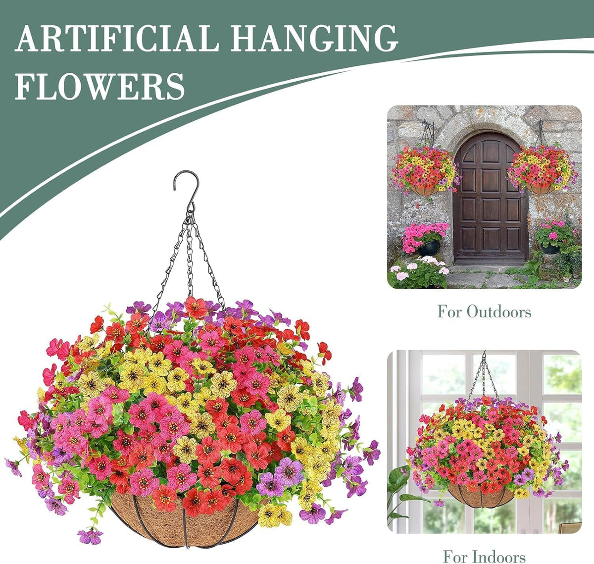 agirl 2 set artificial hanging flowers with baskets showing dimensions