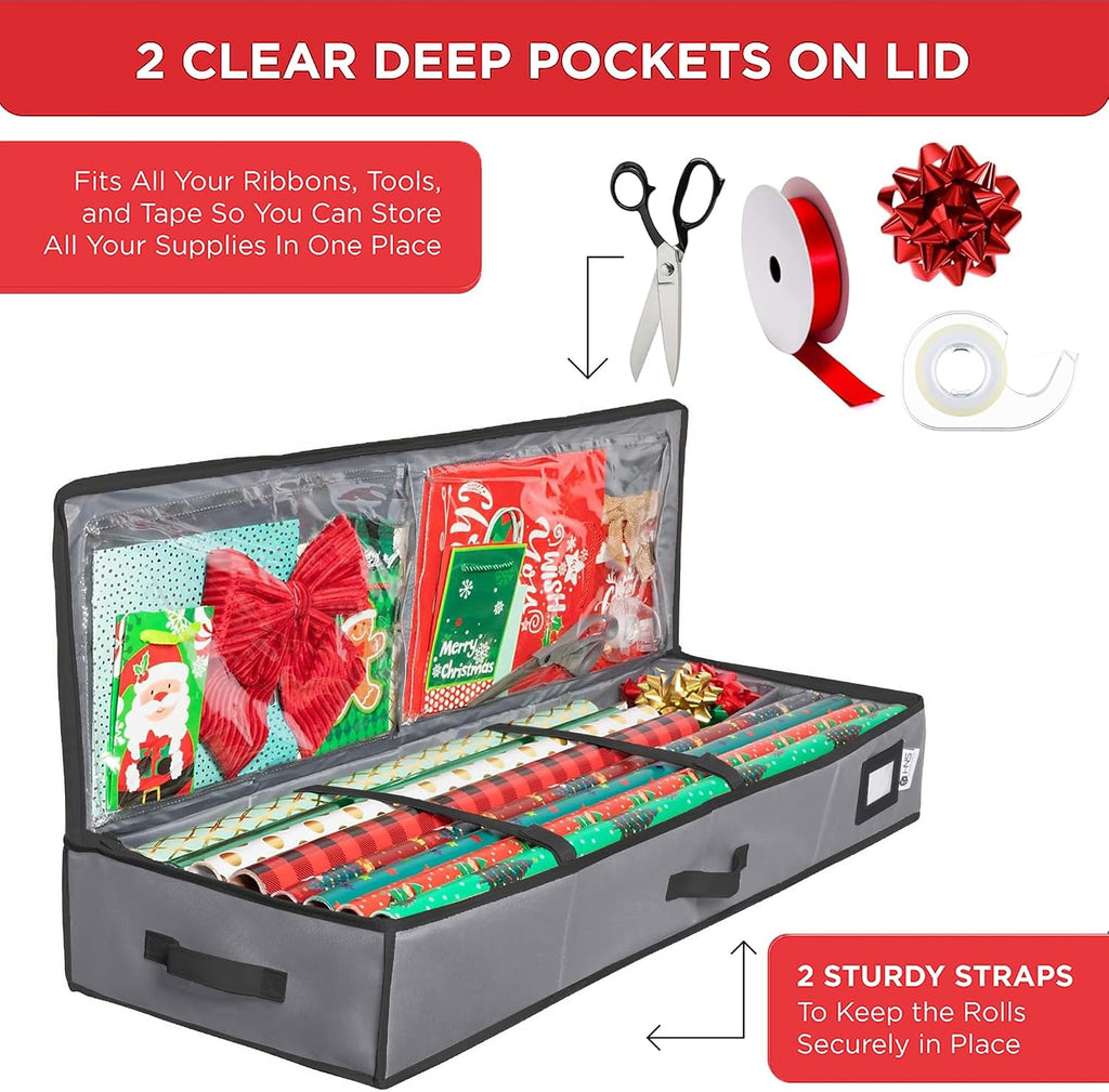 HOLDN’ STORAGE Premium Wrapping Paper Storage Container - Durable 600D Tear-Proof, Fits 27 Rolls Gift Wrap, Extra Pockets for Ribbons & Bows, Underbed Storage - Ideal for Holiday Christmas, Gray