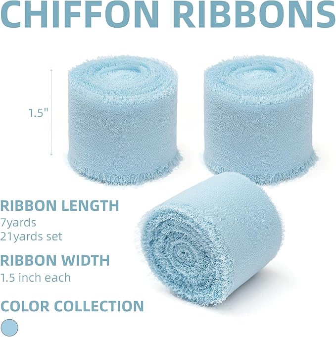 3 Rolls Light Blue Handmade Chiffon Ribbon,1.5" x 21Yd Frayed Fringe Silk Ribbons (3 Rolls *7Yd) for Gifts Wrapping, Wedding Invitations, Bridal Bouquets, Decorations
