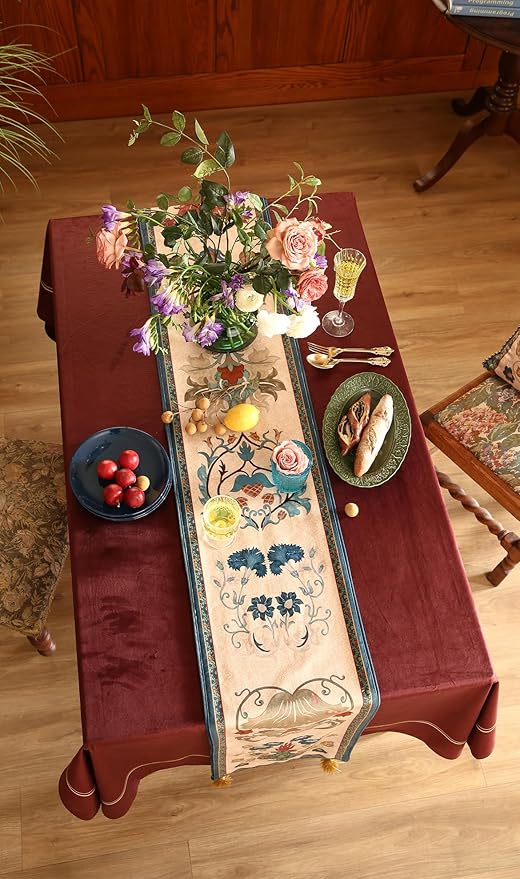 patdrea Designer Casual Wild Floral Velvet Table Runner 71 Inch Long, Brown Occult Bouquets Pattern Table Mat, Decoration for Kitchen Dining Coffee Table Cabinet Banquet Thanksgiving,12"*71"