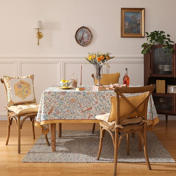 patdrea Designer Small French Rectangular Tablecloth,Vintage Yellow Floral Birds Pattern Linen Colorful Table Cloth,Decor Cover for Kitchen Dining Banquet,Christmas,Thanksgiving,55"x71"-Magnolia