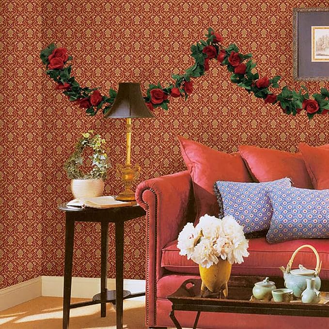 2 Pack Artificial Rose Vine Garland Fake Roses Flowers Plants Vines Hanging Floral Leaves Decoration for Wedding Party Table Garden Arch Wall Home Room Decor(Red)