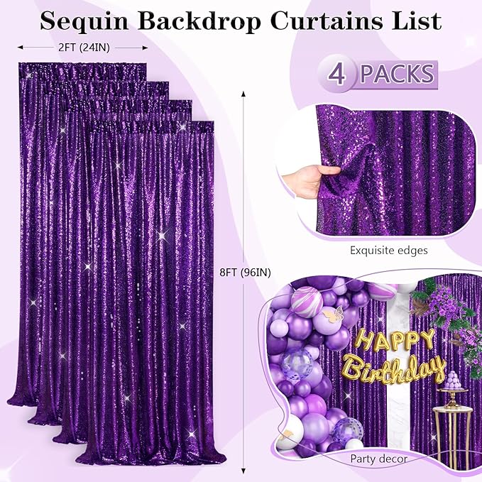 Purple Sequin Backdrop 4 Panels 2FTx8FT Photo Background Glitter Party Backdrop Curtains for Wedding Baby Shower Stage Decorations