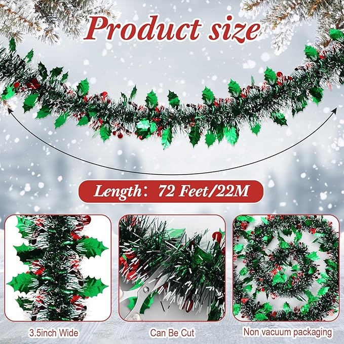 72 Feet Christmas Tinsel Garland Shiny Metallic Tinsel Twist Garland Streamers Ornaments Long Glitter Christmas Tree Hanging Decorations for Party Holiday Wedding Birthday Tree (Dark Green White)