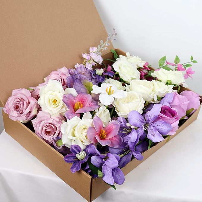 Artificial Flowers Bouquets for Bridal Wedding Home Decor Fake Floral Arrangements for Party Table Centerpieces DIY Silk Flower Set Spring Summer Indoor Outdoor (Combo Purple/White)