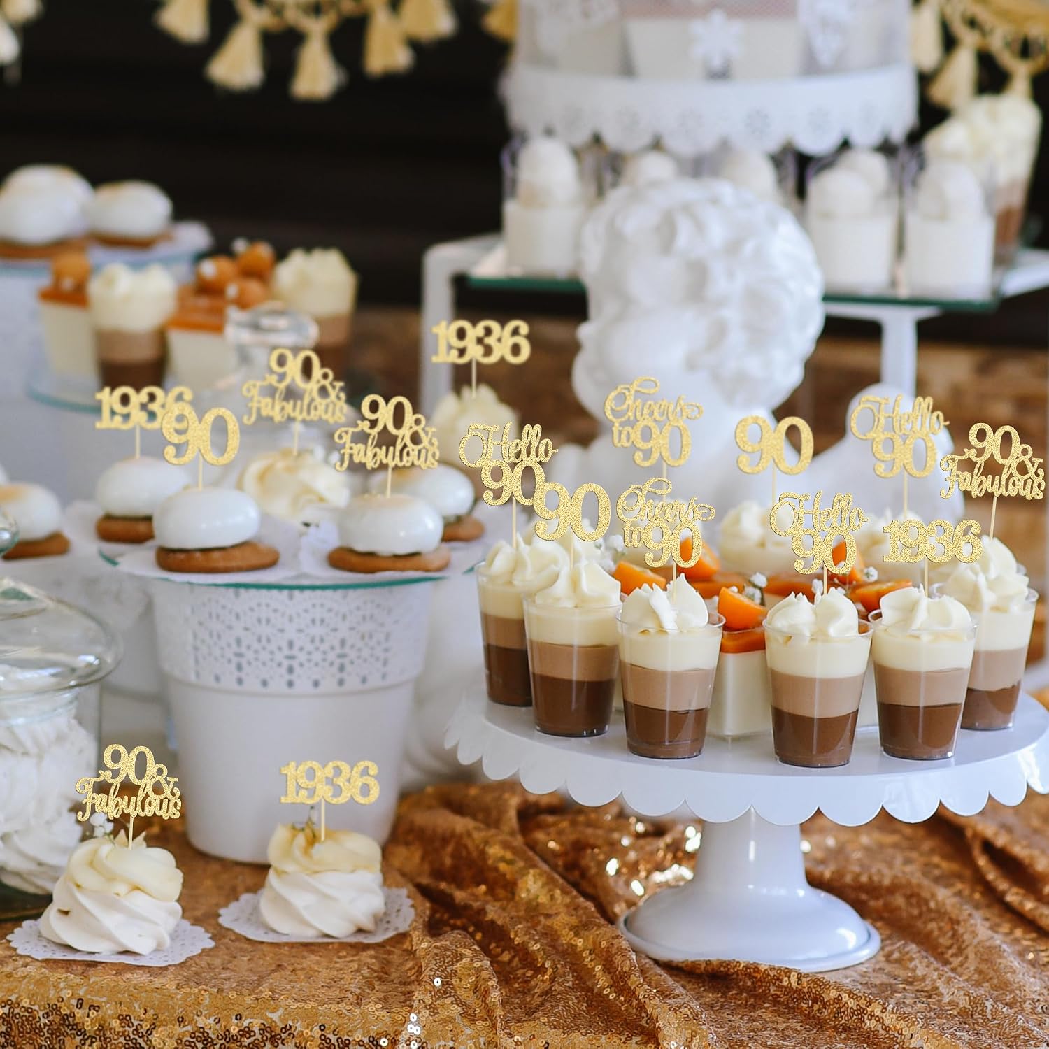 Gyufise 30Pcs 90th Birthday Cupcake Toppers 90 Fabulous Cupcake Picks Cheers to 90 1935 Cake Decorations for Happy 90th Birthday Wedding Anniversary Party Decoration Supplies Gold