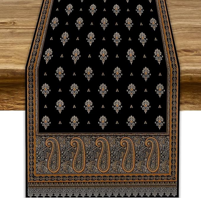 Vintage Paisley Table Runner, Boho Brown Black Flowers Leaves Print Table Runner for Home Dining Kitchen Table Party Wedding Decor, 13x60inch