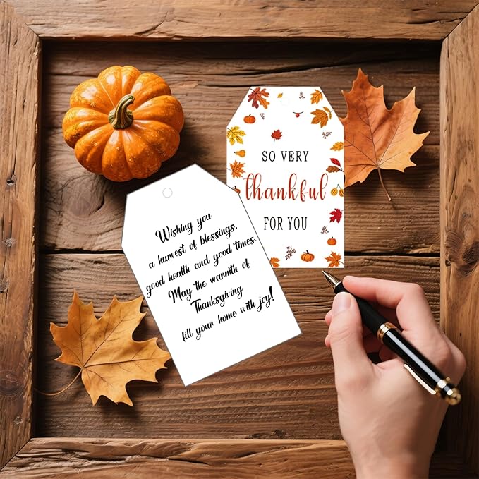 50Pcs Fall Thankful for You Tags, 3.3x2.1 Inch Thanksgiving Gift Tags with String, Thanksgiving Name Tags with Maple Leaf for Autumn Holiday Party Favors DIY Craft Decorations
