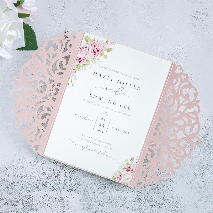 20Pcs Blush Pink Laser Cut Invitation Cards With Blank Inner Sheets for Wedding Cards Bridal Shower Engagement Quinceanera Invitation (No Envelopes)