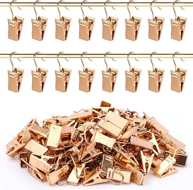 JANYUN 120 Pack Clip Hook Set Stainless Curtain Clips for Hanger Photo Light Home Decoration Art Craft Dispaly Hang Clip (Gold)