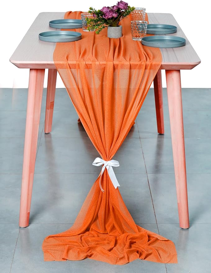 MDS 15 Pack 10ft Chiffon Table Runner 29 x 120 Inches Sheer Wedding Runner Romantic Rustic Table Runner for Wedding Decorations, Birthday Parties, Bridal Shower Party Arch Decor - Orange