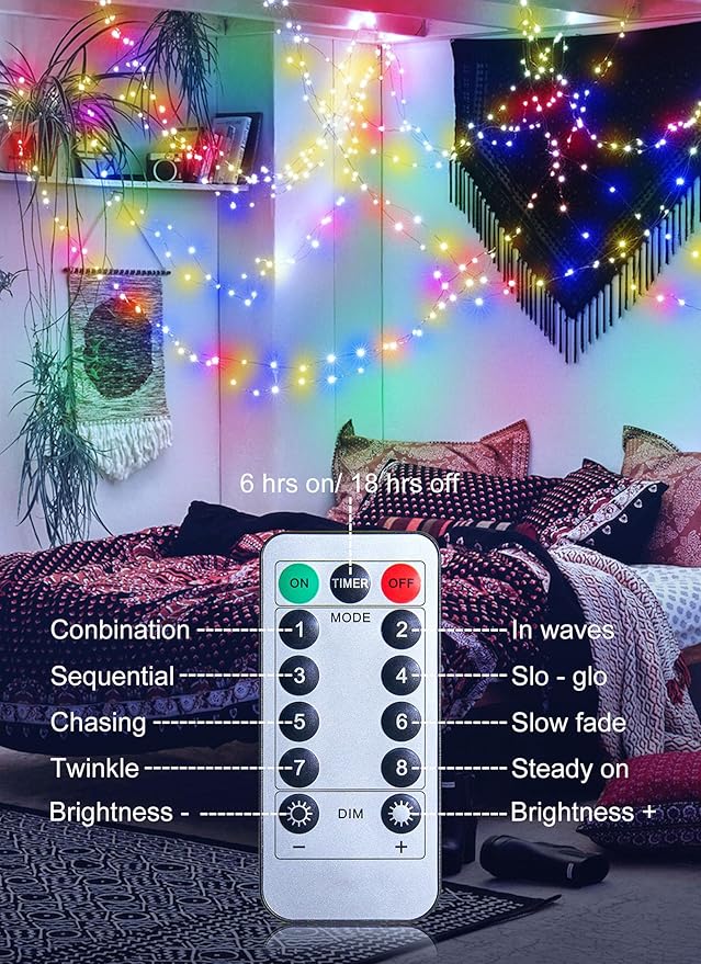 Minetom 66Ft 200 LED Outdoor String Lights, Fairy Lights Battery Operated with Remote, Waterproof, for Bedroom Dorm Patio Tapestry Backyard Garden Party Indoor Christmas Decoration, Multicolor
