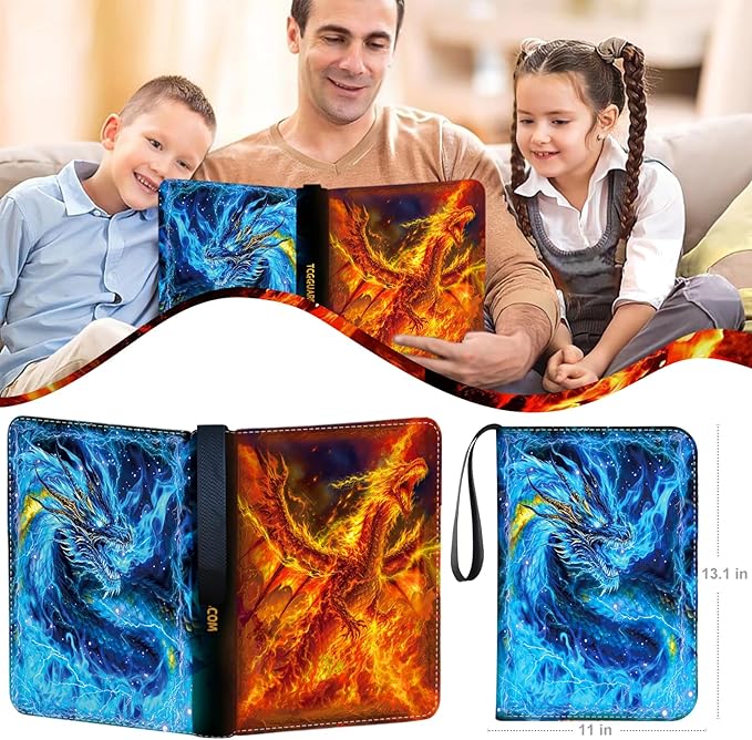 1008 Card Binder 9 Pocket, 3-Ring Trading Card Binder with 56 Page Removable Sleeves, High Storage Waterproof Trading Card Holder Collection Card Album Carrying Organizer Case for MTG TCG Cards -Fire