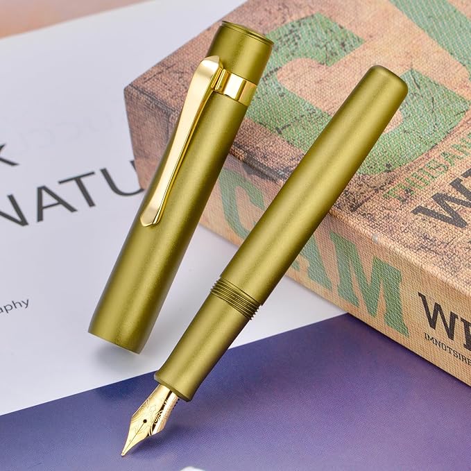 HONG DIAN M2 Black Forest Mini Fountain Pen, Extra Fine Soft Nib & Sleek Shape Aluminium Short Pocket Travel Pen (Olive Green)