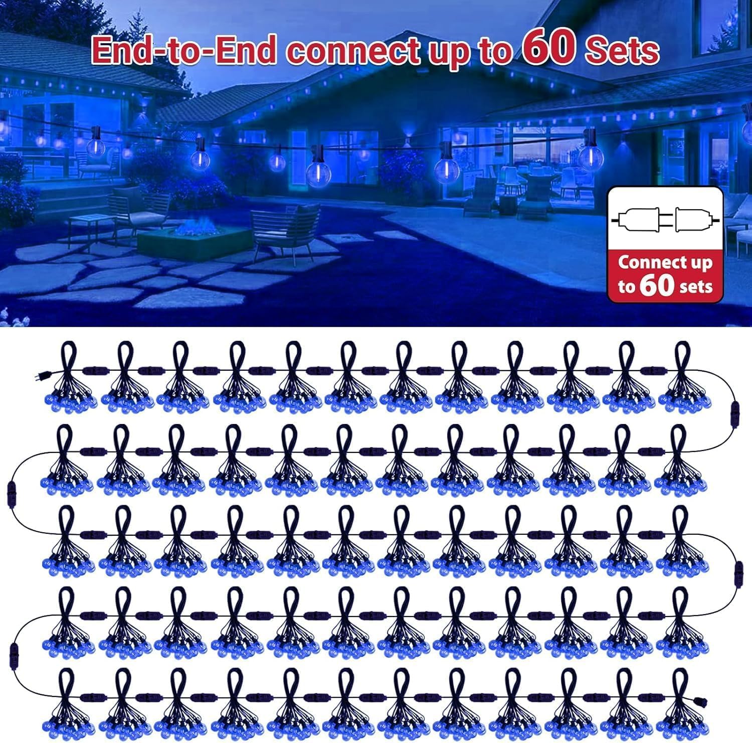 LAMPHOME 2-Pack 26Ft Outdoor String Lights, Blue LED Shatterproof Patio Lights with 12+1 Edison Bulbs, Perfect for Hanukkah, Bistro, Christmas & Party Decorations