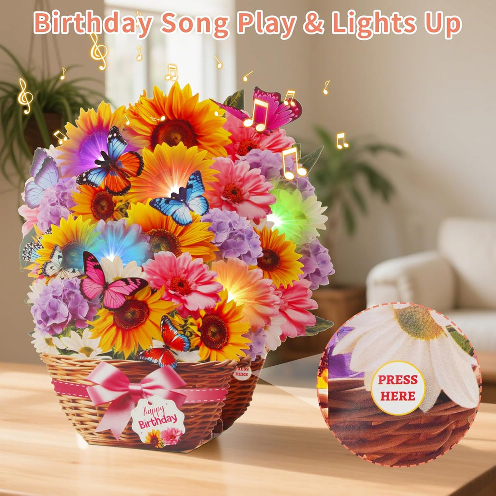 MZD8391 Birthday Cards with MUSIC & LIGHTS, Pop Up Happy Birthday Card, Sunflower & Butterfly, 10 Inch Life Sized Forever Flower Bouquet Gifts for Women Mom Grandma
