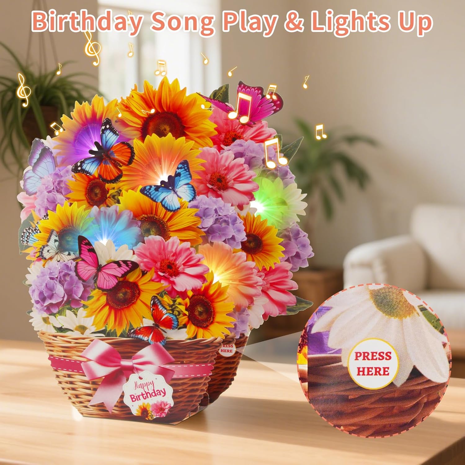 MZD8391 Birthday Cards with MUSIC & LIGHTS, Pop Up Happy Birthday Card, Sunflower & Butterfly, 10 Inch Life Sized Forever Flower Bouquet Gifts for Women Mom Grandma