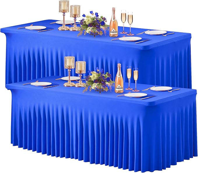 Wish Care 2 Pack Royal Blue Spandex Table Clothes for 6 Foot Rectangle Tables, 6FT Wrinkle Free Fitted Tablecloths Ruffles Design Table Cloth for Party, Banquet, Wedding and Events