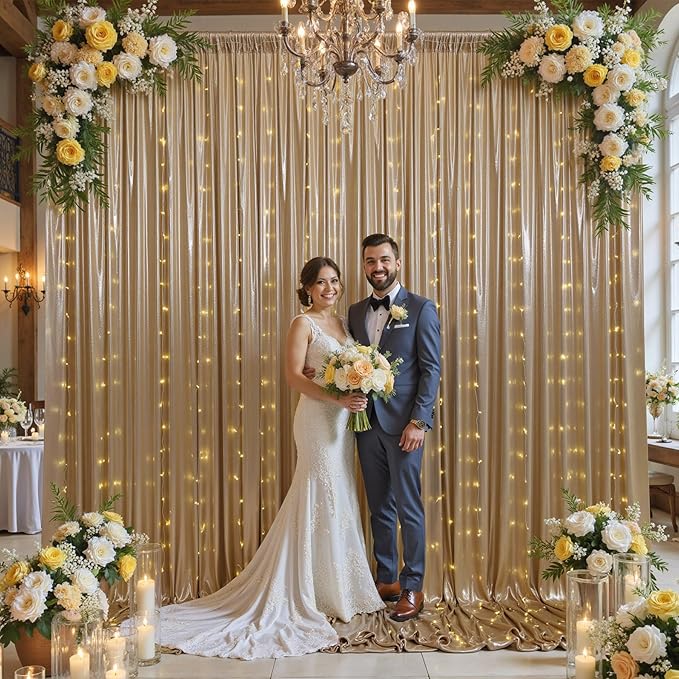 20x10 ft Champagne Sequin Backdrop Curtain with Lights for Parties, Wrinkle Free Glitter Photo Backdrop Drapes Shimmer Back Drop Cloth with Light Strings for Wedding Birthday Photography Background