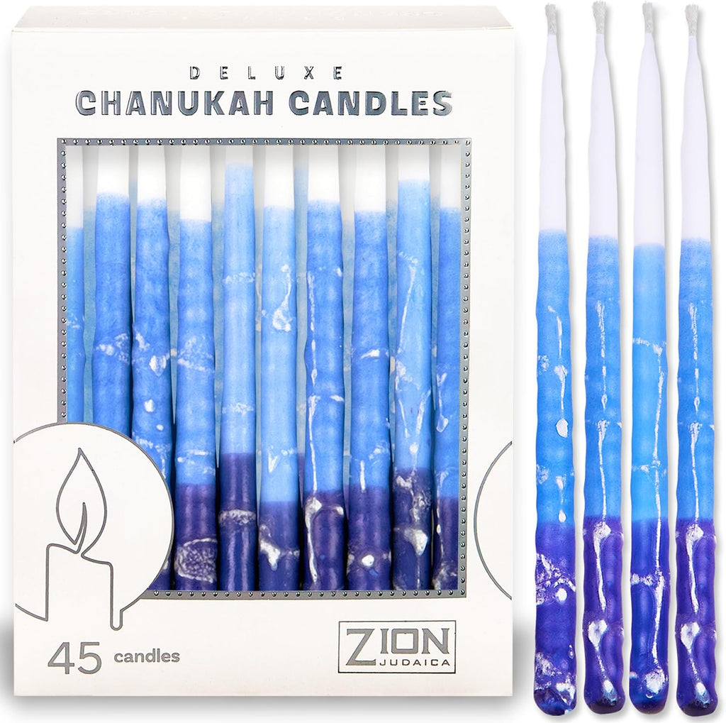 Deluxe Chanukah Candles for Menorah Set of 45 Multi Blue & White Frosted 1-Hour Decorative Hanukkah Candles Thin Tapered Candle with DIY Dreidel Prayer Song Card by Zion Judaica