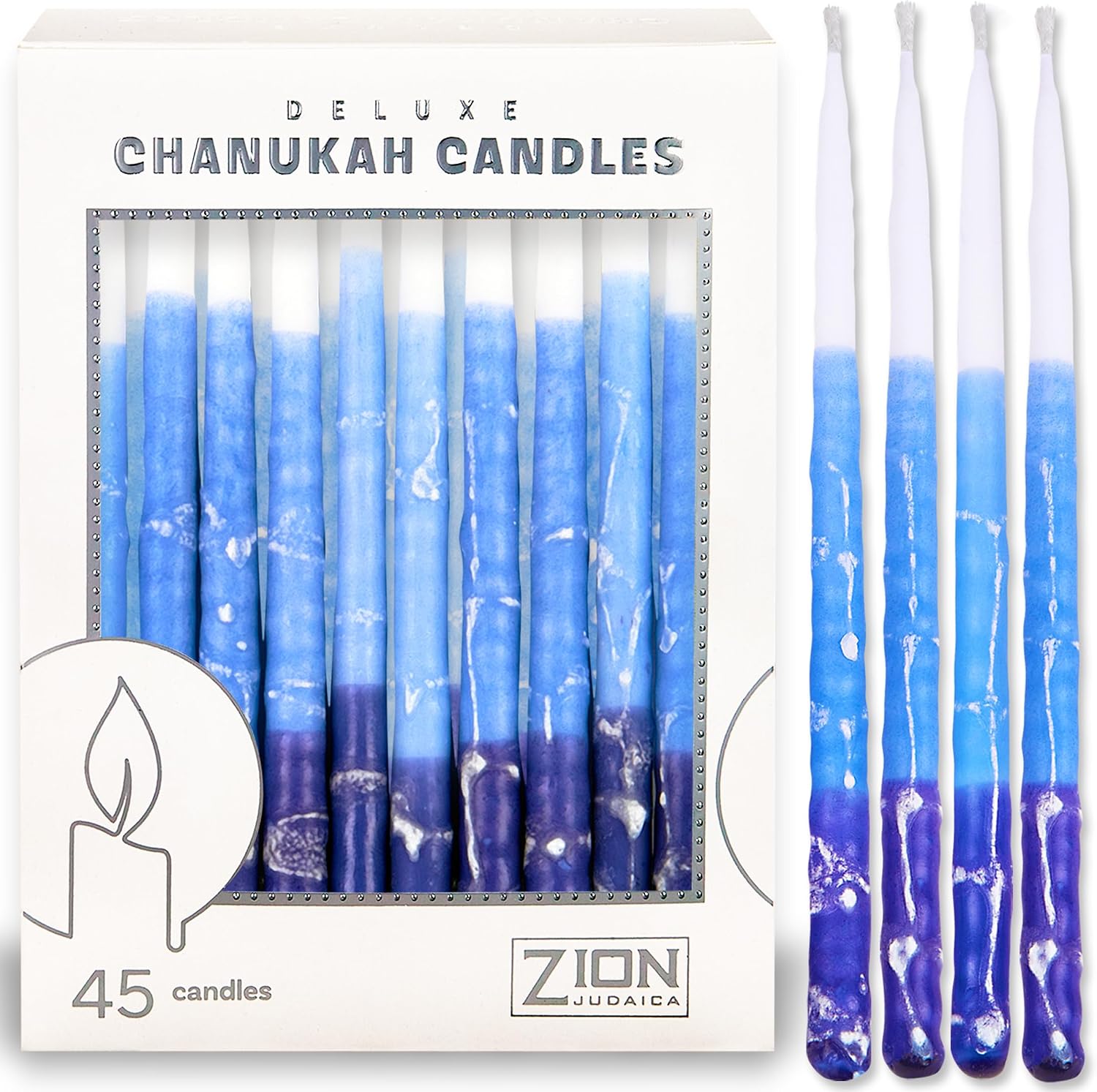 Deluxe Chanukah Candles for Menorah Set of 45 Multi Blue & White Frosted 1-Hour Decorative Hanukkah Candles Thin Tapered Candle with DIY Dreidel Prayer Song Card by Zion Judaica
